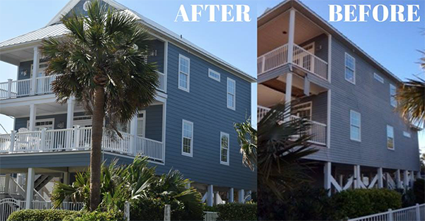 Before and after image of a house with new siding versus a house with old siding
